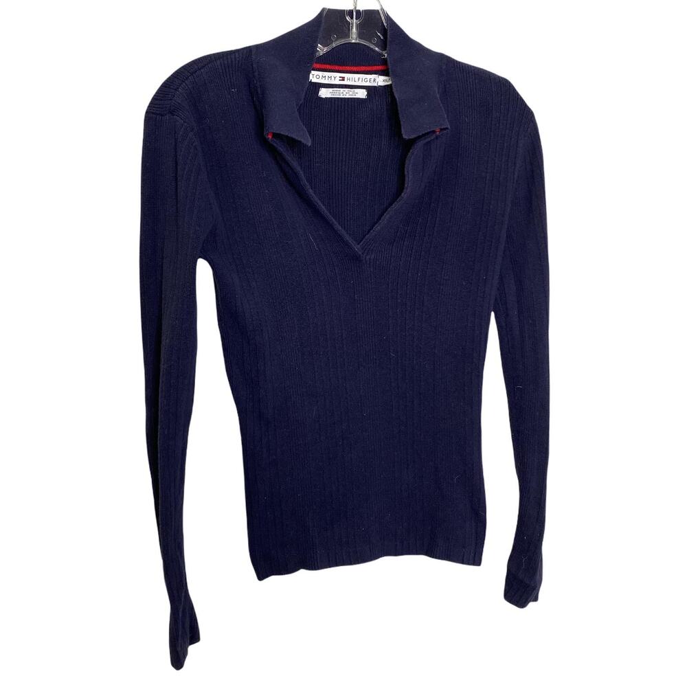 Tommy Hilfiger Women's Sweater Long Sleeve Pullover Navy Preppy V-Neck Cotton XS